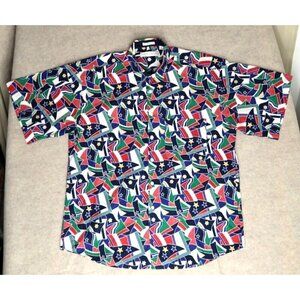 VTG Henry Grethel Button Up Shirt Short Sleeve Flag All Over Print Men's Large
